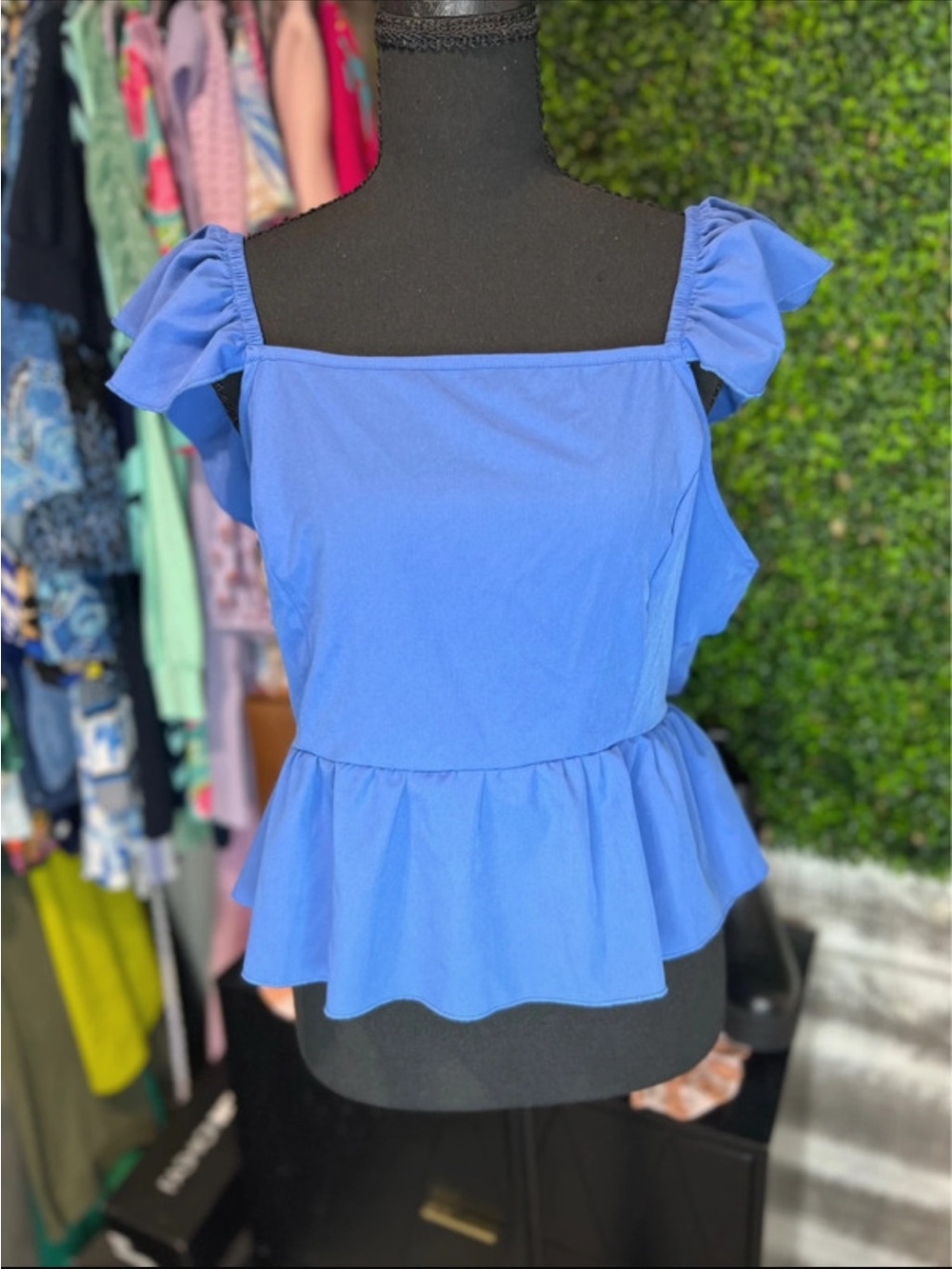 SHEIN Blue Puff-Sleeve Peplum Top